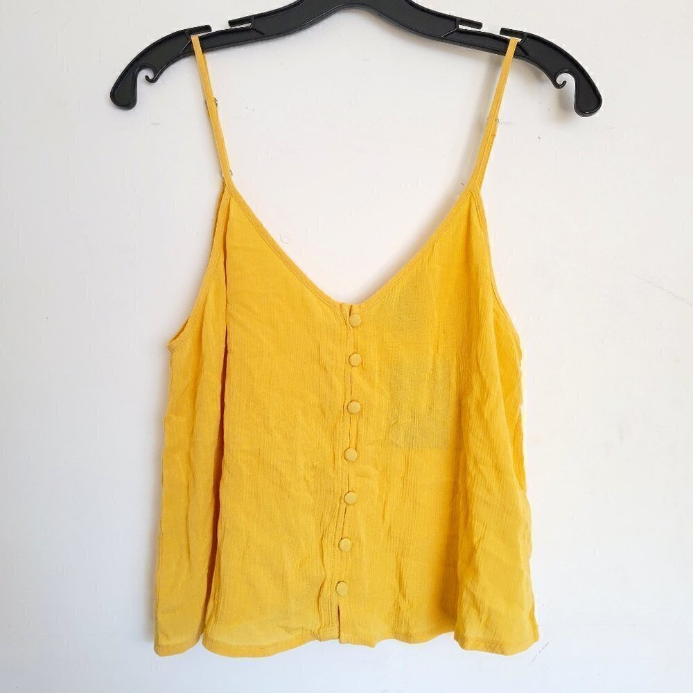 NEW Forever 21 Yellow Button Front Strappy V Neck Woven Cami Tank Top Sz Medium